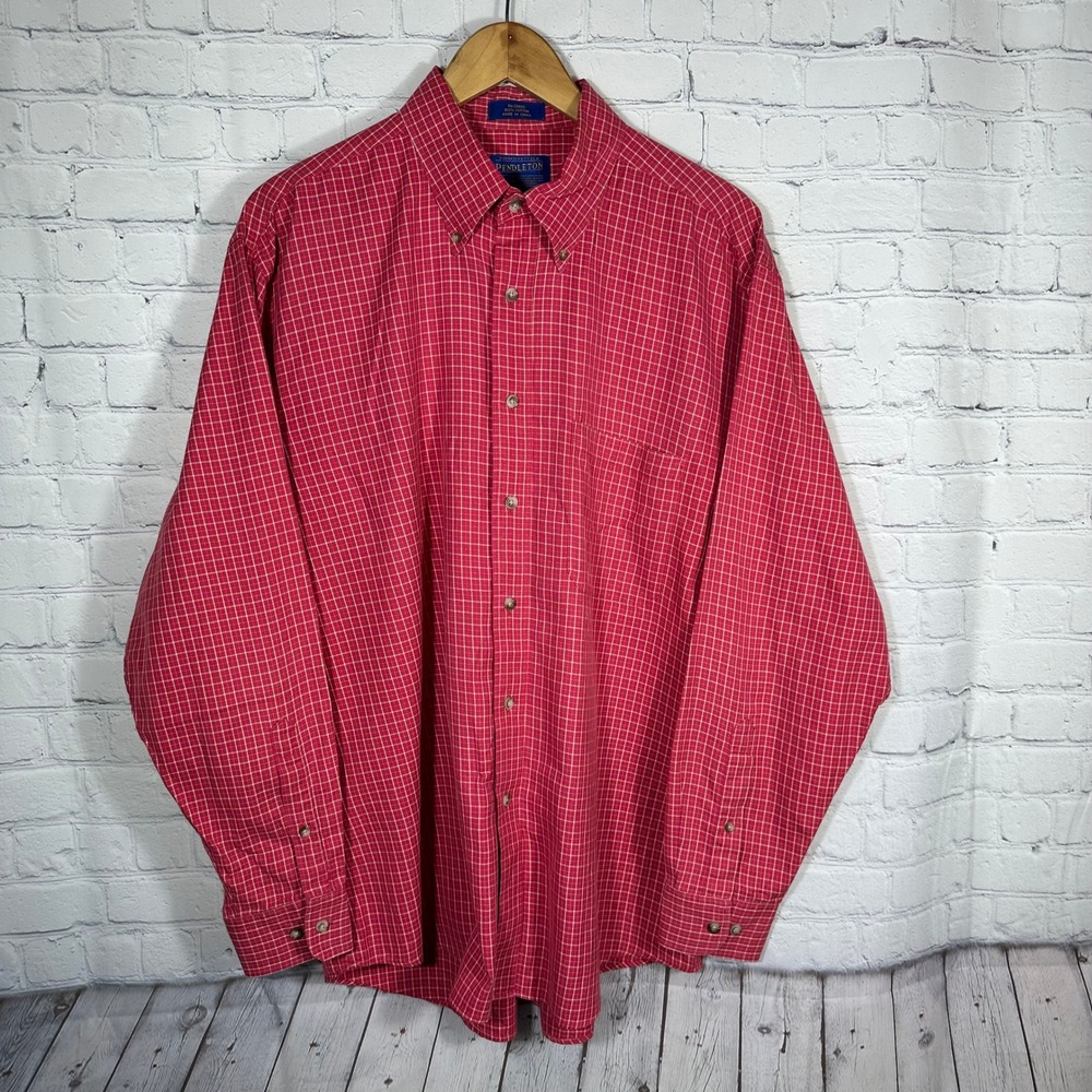 Pendleton Mens Red Grid Check Long Sleeve Button Down Cotton Shirt XL 7155‎
